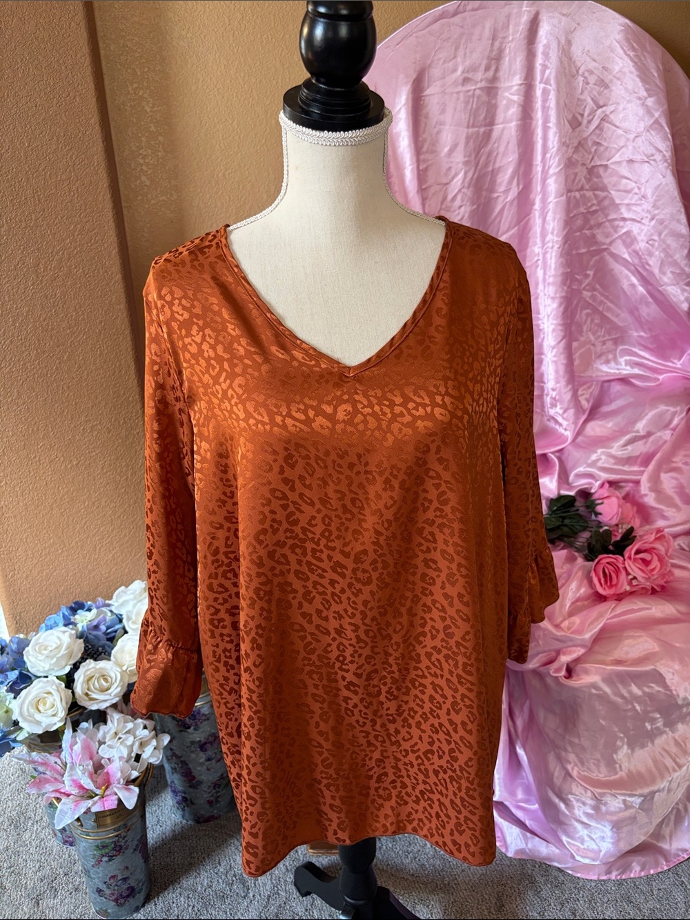 Rust Satin Leopard-Print V-Neck Women's Top